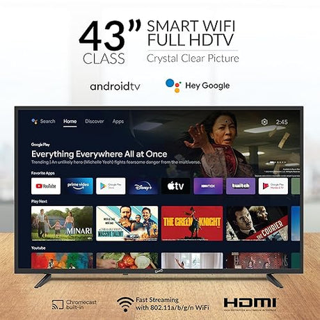 Supersonic Smart SC-4350GTV 43-inch FHD DLED TV with Google Assistant, ATSC/NTSC, HDMI, WiFi, USB Input, 1080p Resolution,16.7M Colors, 60Hz Refresh Rate, Energy-Efficient, Bluetooth, Remote Control SC-4350GTV– 43” Smart TV