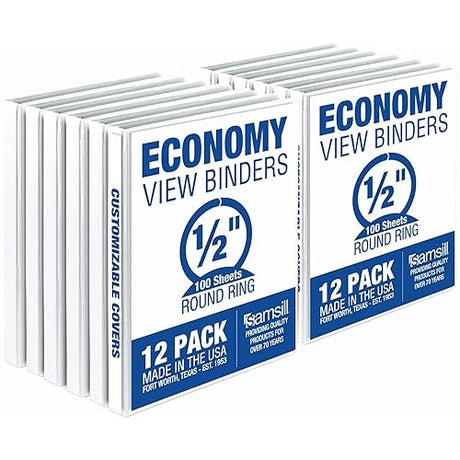 Samsill Economy 3 Ring View Binders, .5 Inch Round Ring, Customizable Clear View Cover, White, Bulk Binders - 12 Pack .5-Inch 12-Pack White