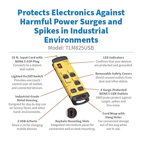 Eaton Tripp Lite Series 8-Outlet Industrial Heavy Duty Power Strip Safety Surge Protector - 2 USB-A Ports, 25 ft. Cord, 1960 Joules, Metal Housing