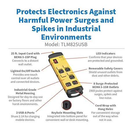 Eaton Tripp Lite Series 8-Outlet Industrial Heavy Duty Power Strip Safety Surge Protector - 2 USB-A Ports, 25 ft. Cord, 1960 Joules, Metal Housing
