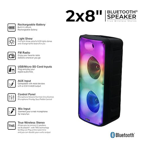 Supersonic IQ-7188DJBT Portable Bluetooth Speaker, 8-Inch, TWS Technology, LED Lights, Multiple Inputs, Mic - Perfect for Any Event 11 x 9.8 x 16.1