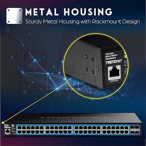 TRENDnet 52-Port Gigabit Web Smart Switch with 10G SFP+ Ports, TEG-3524S, 48 x Gigabit Ports, 4 x 10 SFP+ Ports, Network Ethernet Switch, Lifetime Protection, Black