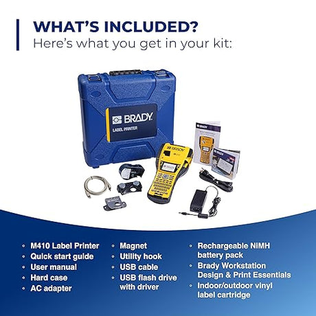 Brady M410 Handheld Portable Label Printer Kit with Carrying Case, Label Cartridge, Rechargeable Battery and Charger, 11.5 H x 6 W x 3.5 H M410-KIT Printer Kit