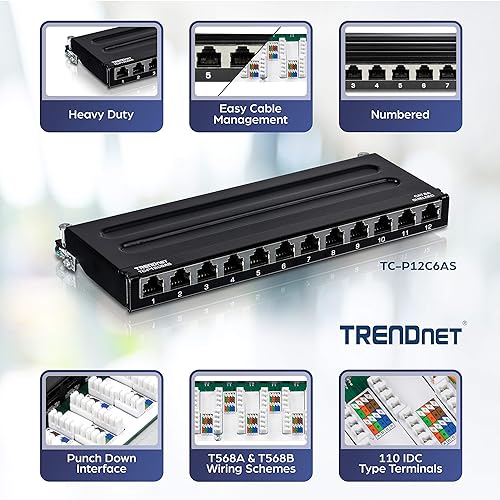 TRENDnet 12-Port Cat6A Shielded Patch Panel, 10G Ready, Cat5e,Cat6,Cat6A Compatible, Metal Housing, Color-Coded Labeling For T568A And T568B Wiring, Cable Management, Wall Mountable, Black, TC-P12C6AS 12 port Cat6A