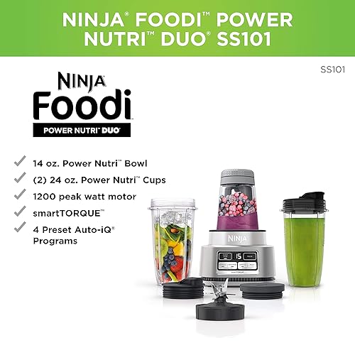 Ninja SS101C, Foodi Smoothie Bowl Maker and Nutrient Extractor with smartTORQUE and 4 Auto-iQ Presets, Silver, 1100W (Canadian Version), 24 oz Bowl Maker & Extractor