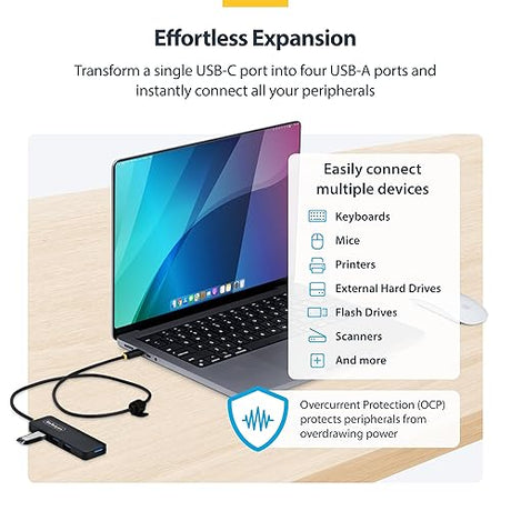 StarTech.com 4-Port USB-C Hub, 5Gbps, Bus Powered, USB-C to 4X USB-A Mini Hub, Extra Long 2ft/61cm Host Cable, PCR Plastic