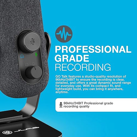 JLab Go Talk USB Microphone, Black, USB-C Output, Cardioid or Omnidirectional, 96k Sample Rate, 20Hz, 20kHz Frequency Response, Volume Control and Quick Mute, 3.5mm AUX, Plug and Play