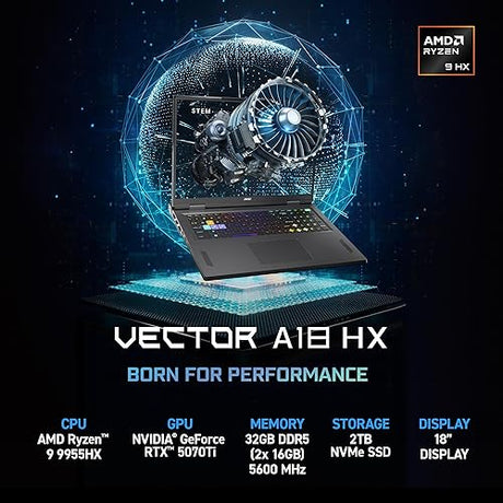 MSI Vector A18 HX 18” 240Hz QHD+ Gaming Laptop: AMD Ryzen 9-9955HX, NVIDIA Geforce RTX 5070Ti, 32GB DDR5, 2TB NVMe SSD, Type C, Wi-Fi 7, Win 11 Pro: Cosmo Gray A9WHG-074US Ryzen 9 9955HX 32 GB 2 TB RTX 5070 Ti 18 QHD+ 240Hz