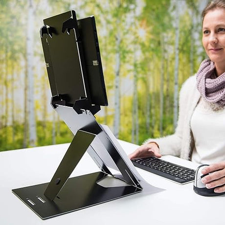 R-Go Riser Duo Tablet and Laptop Stand, 2 in 1 Dual Stand, Ergonomic, Ultra-Thin Aluminum, Adjustable Portable, for 10-22 MacBook/Air Pro/Dell XPS/Lenovo/Tablet, Support up to 11ibs, Black