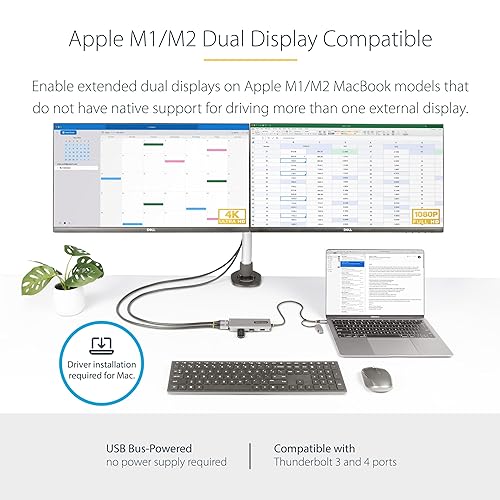 StarTech.com USB-C Multiport Adapter w/Attached USB-C to USB-A Dongle, Dual HDMI (4K30Hz/1080p60Hz), 3X USB-A 5Gbps, Mini Travel Dock, Laptop Docking Station, 1.3ft/40cm Cable (167B-USBC-MULTIPORT)