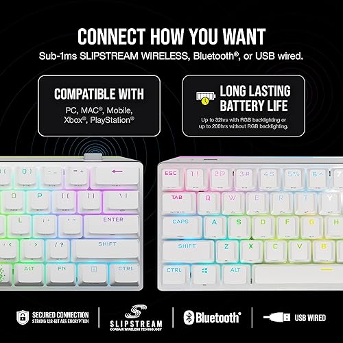 Corsair K70 PRO MINI WIRELESS RGB 60% Mechanical Gaming Keyboard - Fastest Sub-1ms Wireless, Swappable CHERRY MX Red Keyswitches, Aluminum Frame, PBT Double-Shot Keycaps - NA Layout, QWERTY - White CHERRY MX RED Switches