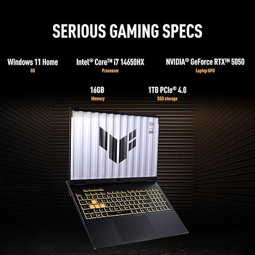 ASUS TUF Gaming F16 (2025) Gaming Laptop, 16” FHD+ 165Hz IPS-Level 16:10 Display, Intel® Core™ i7 Processor 14650HX, NVIDIA® GeForce RTX™ 5050, 16GB DDR5, 1TB PCIe Gen4 SSD, Wi-Fi 6E, Windows 11 Home RTX5050