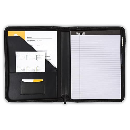 Samsill Contrast Stitch Leather Portfolio Zippered Closure Case, 8.5 inch x 11 inch Writing Pad, Black