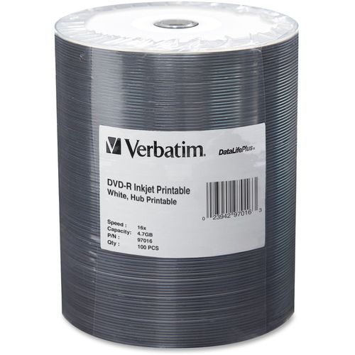 Verbatim America, LLC VerbatimÂ DVD-R, 16X Speed, 4.7GB, Inkjet Printable, Wrapped, 100/Pk, White