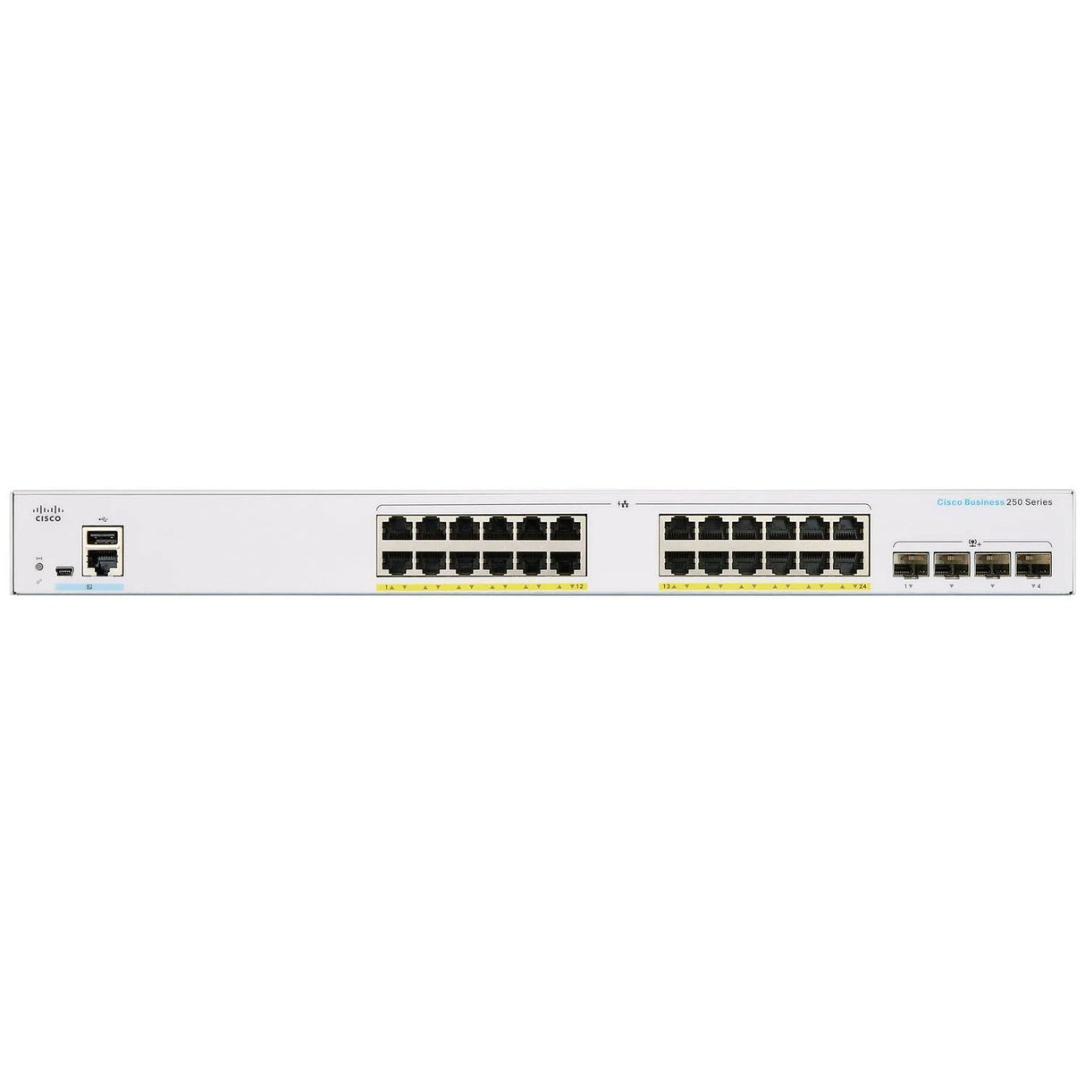 Cisco 250 CBS250-24P-4X Ethernet Switch - 24 Ports - Manageable - 2 Layer Supported - Modular - 240.40 W Power Consumption - 195 W PoE Budget - Optical Fiber, Twisted Pair - PoE Ports - Rack-mountable - Lifetime Limited Warranty