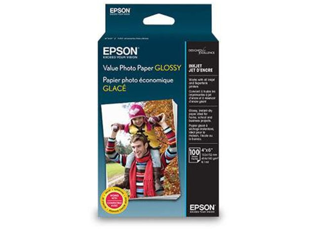 Epson Value Glossy Photo Paper, 9.1 Mil, 4 X 6, White, 100 Sheets/Pack