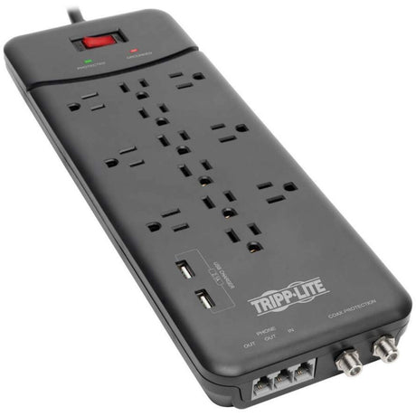 Tripp Lite Protect It! Surge Protector - Power Strip, 12 Outlets, 2 USB Charging Ports, 8ft Cord, 4320 Joules, 1800W Output, 15A Circuit Breaker, Tel/Modem/Coax Protection, Black - TLP128TTUSBB