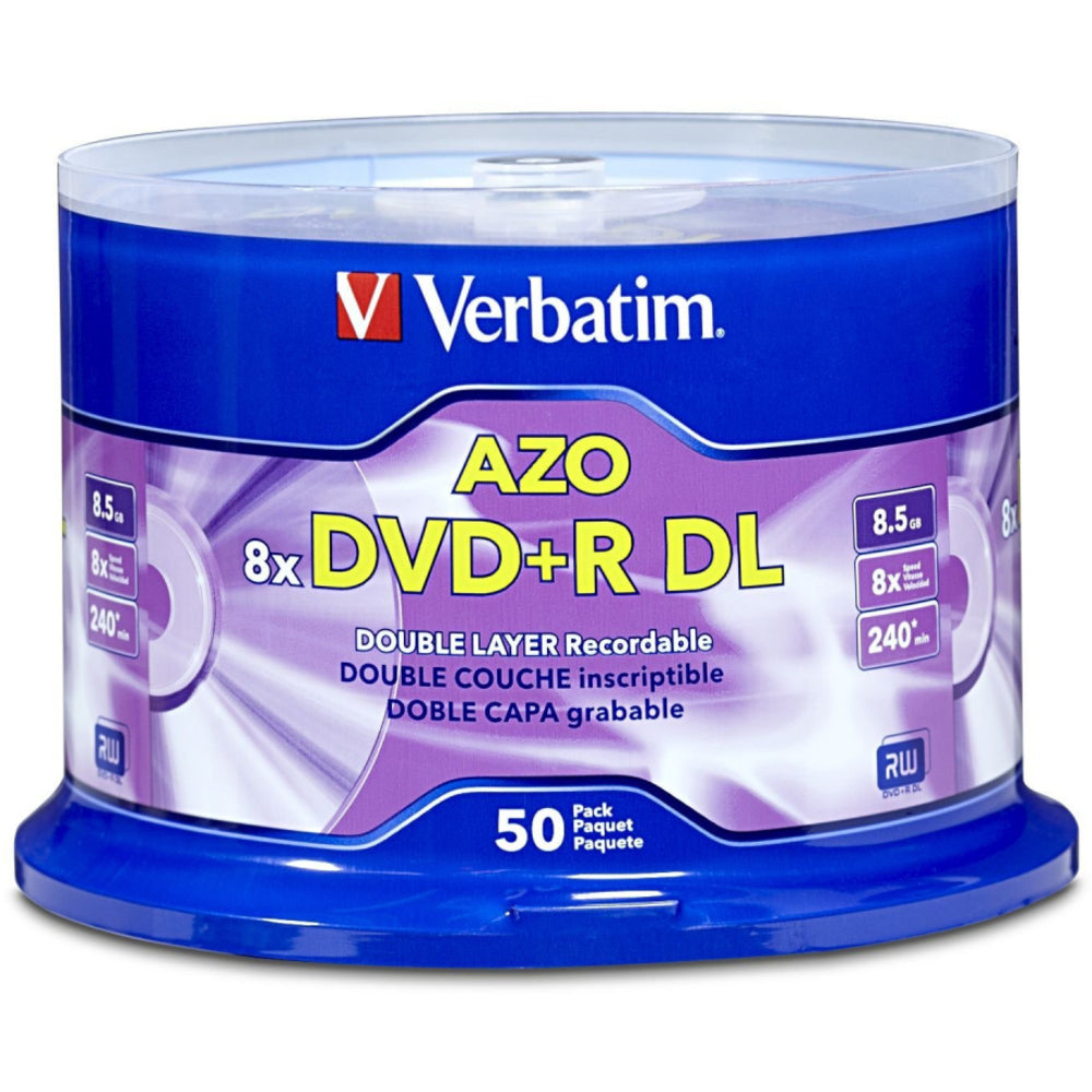 Verbatim DVD+R DL 8.5GB 8X With Branded Surface - 50pk Spindle - 120mm - 4 Hour Maximum Recording Time