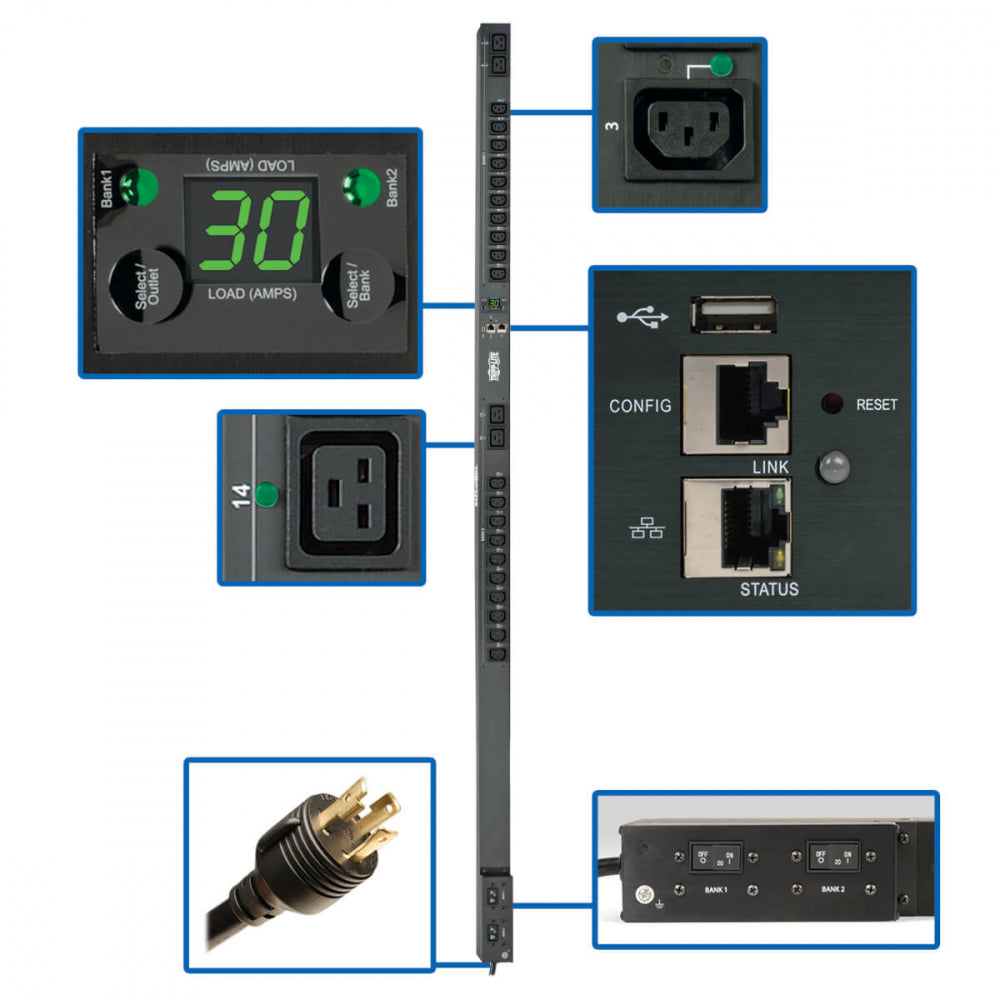 Tripp Lite PDU Monitored 24 Outlets 208/240V 5.8kW LX Platform L6-30P 0URM