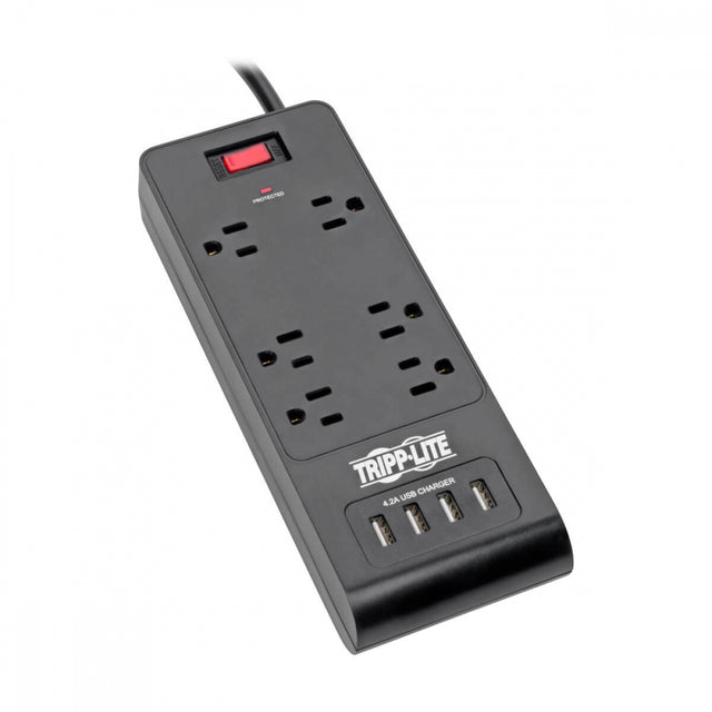 Tripp Lite Surge Protector Power Strip 6-Outlets 4 USB Ports 6ft Cord Black TLP664USBB