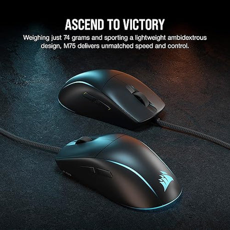 Corsair M75 Wired RGB Lightweight FPS Gaming Mouse – 26,000 DPI – Swappable Side Buttons – PC – Black