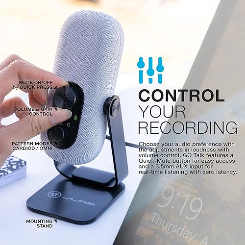 JLab Go Talk USB Microphone, White, USB-C Output, Cardioid or Omnidirectional, 96k Sample Rate, 20Hz, 20kHz Frequency Response, Volume Control and Quick Mute, 3.5mm AUX, Plug and Play