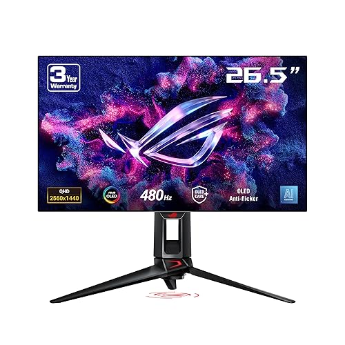 ASUS ROG Swift OLED 27” 1440P Gaming Monitor (PG27AQDP) - WOLED, QHD, 480Hz, 0.03ms, G-SYNC Compatible, Custom Heatsink, AI Assistant, DisplayHDR400 True Black, 99% DCI-P3, True 10-bit, DisplayWidget