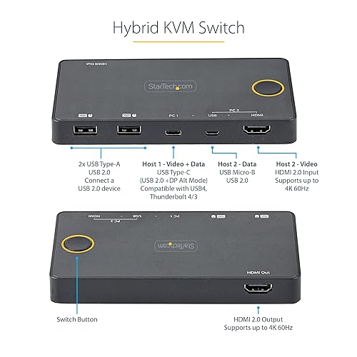 StarTech.com 2 Port Hybrid USB-A + HDMI & USB-C KVM Switch - Single 4K 60Hz HDMI 2.0 Monitor - Compact Desktop and/or Laptop HDMI KVM Switch - USB Bus Powered - Thunderbolt 3 Compatible (SV221HUC4K)