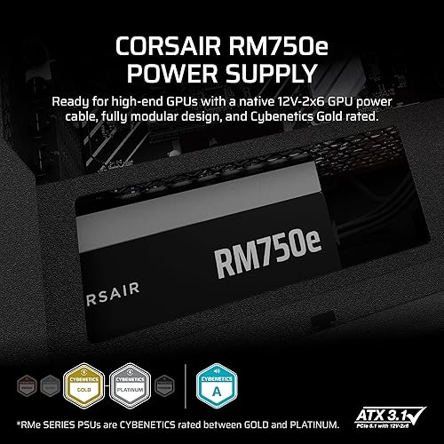 CORSAIR RM750e (2025) Fully Modular Low-Noise ATX Power Supply with 12V-2x6 Cable – ATX 3.1 & PCIe 5.1 Compliant, Cybenetics Gold Efficiency, 105°C-Rated Capacitors, Modern Standby Mode – Black RMe (2025) 750 Watts Black