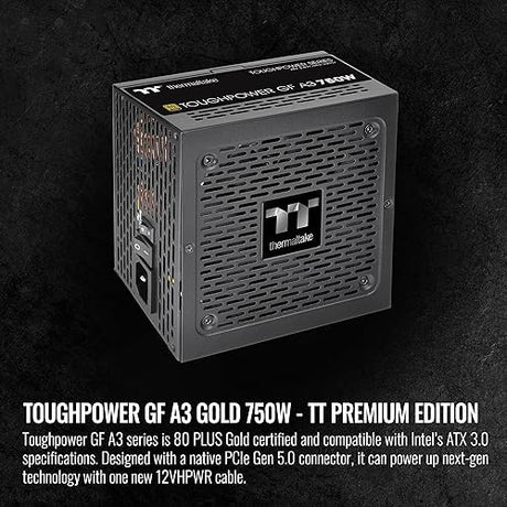 Thermaltake Toughpower GF A3 750W, True 300W 12VHPWR Connectors on PSU & NVIDIA RTX 40 Series, ATX 3.0/PCI-E 5.0, 80+ Gold, SLI/Crossfire Ready Power Supply, PS-TPD-0750FNFAGU-L, 10 Year Warranty Black 750W Gold (ATX 3.0)