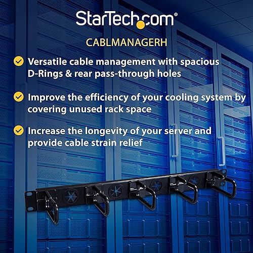 StarTech.com 1U 19 Cable Management Organizer - D Ring Hook Network/Server Rack Cord Manager - Data Center Horizontal Wire Panel with Passthrough Holes w/Mounting HW - EIA/ECA-310-E (CABLMANAGERH), 4 x 1.7 x 19 D-Ring Hooks + Pass-thru 4 x 1.7 x 19