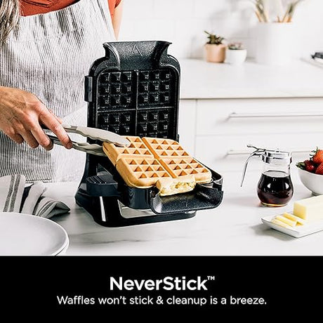Ninja BW1000C Belgian Waffle Maker, Nonstick, 5 Shade Settings, Easy to Clean, Black/Silver, 12 inch