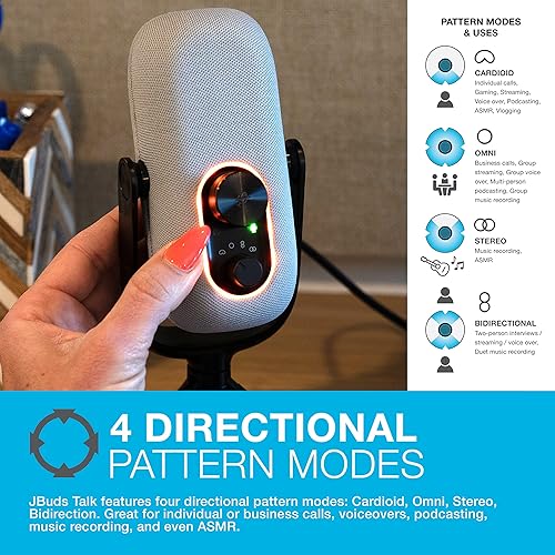 JLab JBuds Talk USB Microphone | White | USB-C Output | Cardioid, Omni, Stereo, and Bi-Directional | 96k Sample Rate | Volume Control, Gain Control, and Quick Mute | 3.5mm AUX | Plug and Play