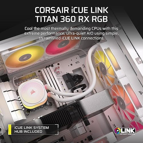 Corsair iCUE Link Titan 360 RX RGB Liquid CPU Cooler – 360mm AIO – 3X RX120 RGB Fans Included – Fits Intel LGA 1851/1700, AMD AM5/AM4 – iCUE Link System Hub Included – White White 360mm AIO