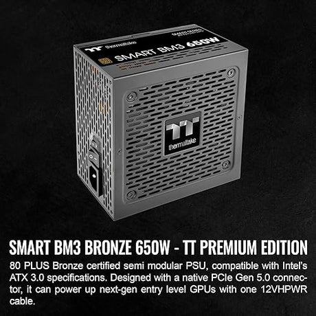 Thermaltake Smart BM3 650W 80Plus Bronze ATX 3.0 & PCIE 5.0 Ready Semi-Modular Power Supply; 105°C/221°F Japanese Capacitor; 5 Year Warranty; PS-SPD-0650MNFABU-3