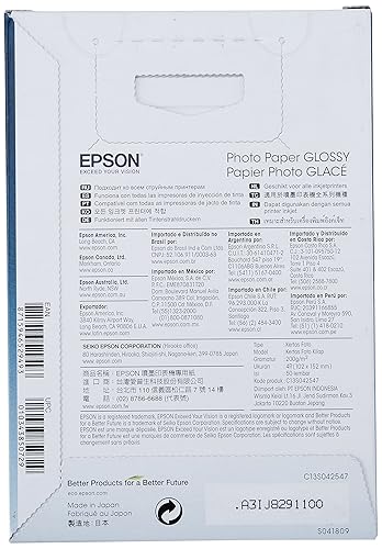 Epson S041809 Photo Paper Glossy, Borderless, 4 X 6, 50 Sheets Ink