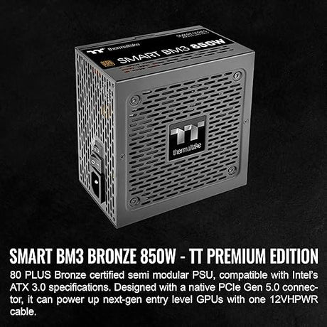 Thermaltake Smart BM3 850W 80Plus Bronze ATX 3.0 & PCIE 5.0 Ready Semi-Modular Power Supply; 105°C/221°F Japanese Capacitor; 5 Year Warranty; PS-SPD-0850MNFABU-3