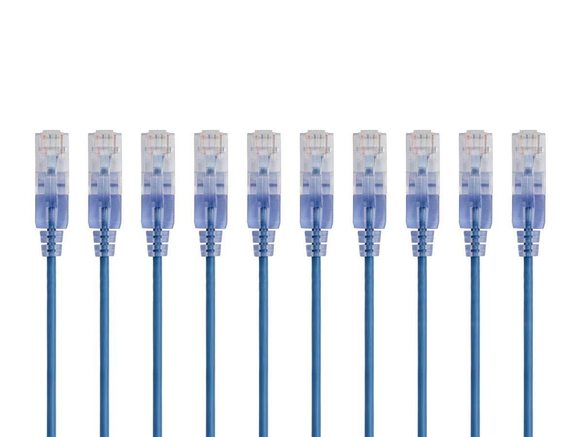 Monoprice SlimRun Cat6A Ethernet Patch Cable - Network Internet Cord - RJ45, Stranded, UTP, Pure Bare Copper Wire, 30AWG, 6in, Blue, 10-Pack