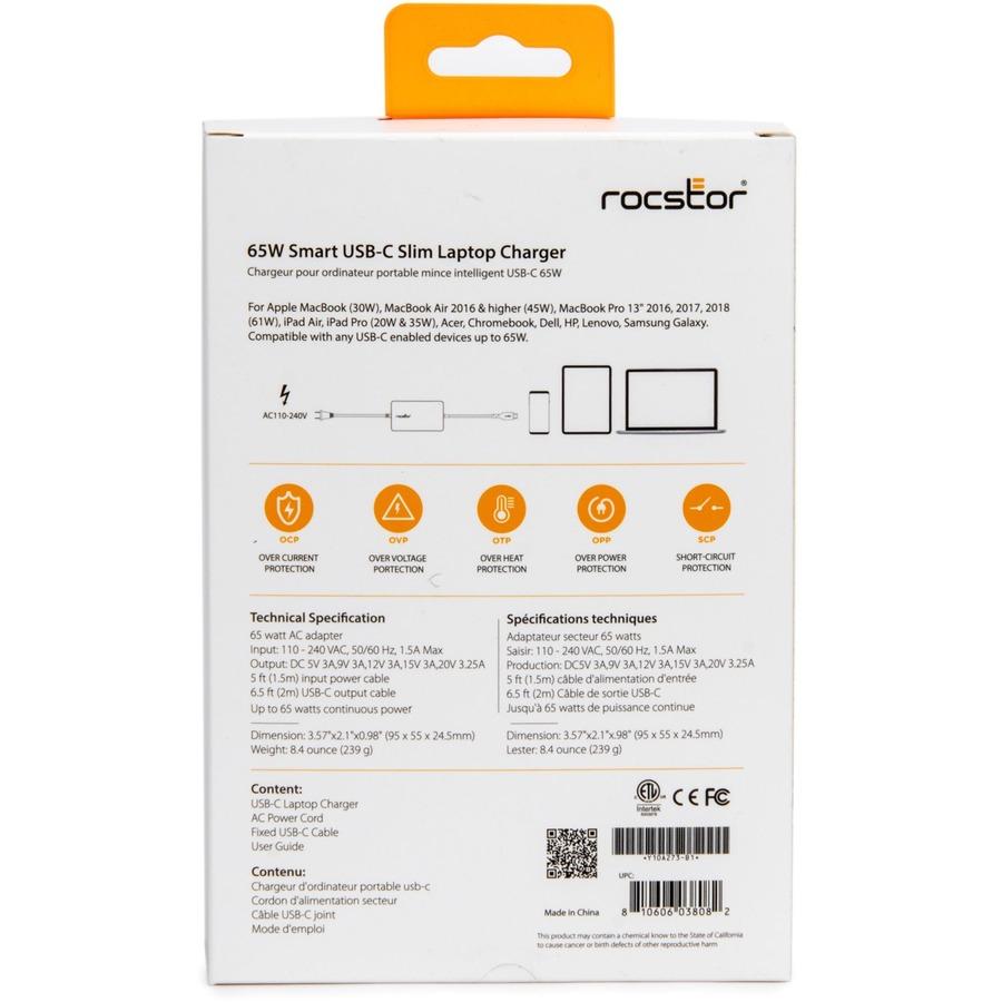Rocstor 65W Smart USB-C Laptop Power Adapter Charger - Compatible and perfect fit for Dell,HP®,Lenovo®,Microsoft® Surface® (23W,24W,36W,44W,65W) Power Supply