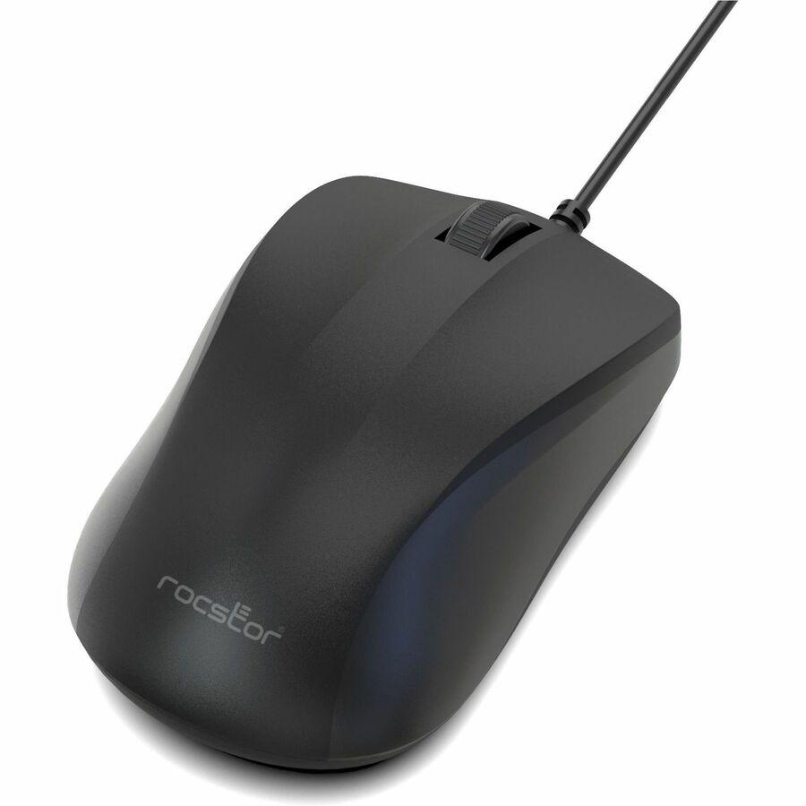 Rocstor Premium QM1 Silent Clicking USB Wired Contoured Mouse - 1200 dpi - Optical - Cable - Black - USB - 1200 dpi - Scroll Wheel - 3 Button(s) - Symmetrical
