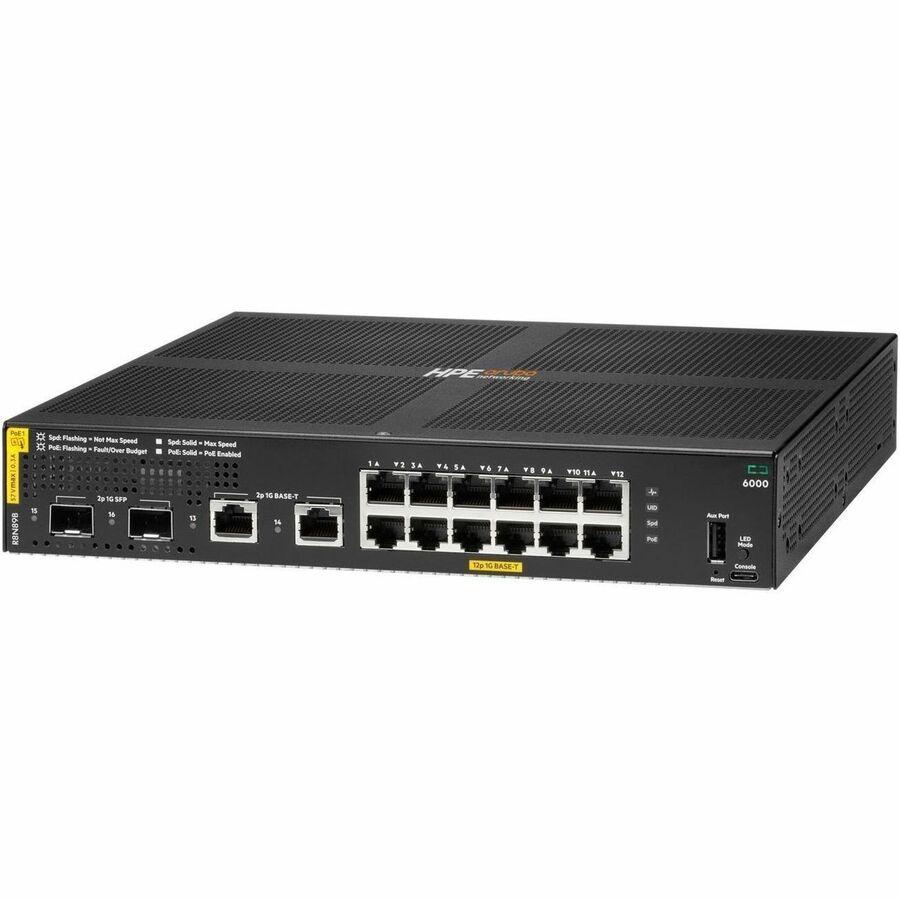 Aruba CX 6000 12p 10M/100M/1G Class4 PoE 2p SFP 1G 139W Switch - 14 Ports - Manageable - Gigabit Ethernet - 10/100/1000Base-T, 1000Base-X - 2 Layer Supported - 2 SFP Slots - 165 W Power Consumption -