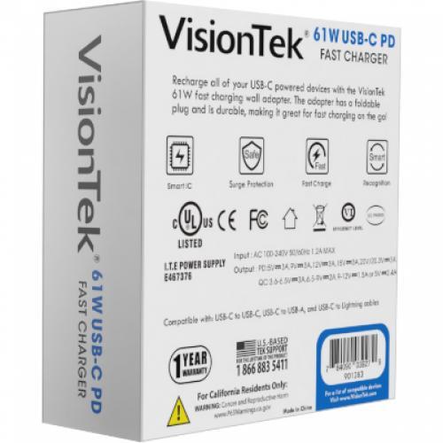 VisionTek USB-C 61W Quick Charge Plug - 120 V AC, 230 V AC Input - 3.6 V DC/3 A, 5 V DC, 6.5 V DC, 9 V DC, 12 V DC, 15 V DC, 20 V DC Output