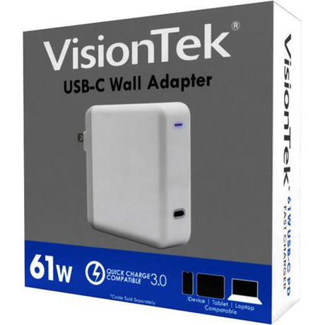 VisionTek USB-C 61W Quick Charge Plug - 120 V AC, 230 V AC Input - 3.6 V DC/3 A, 5 V DC, 6.5 V DC, 9 V DC, 12 V DC, 15 V DC, 20 V DC Output