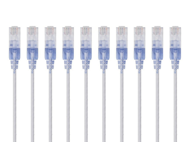 Monoprice SlimRun Cat6A Ethernet Patch Cable - Network Internet Cord - RJ45, 550Mhz, UTP, Pure Bare Copper Wire, 10G, 30AWG, 7ft, White, 10-Pack
