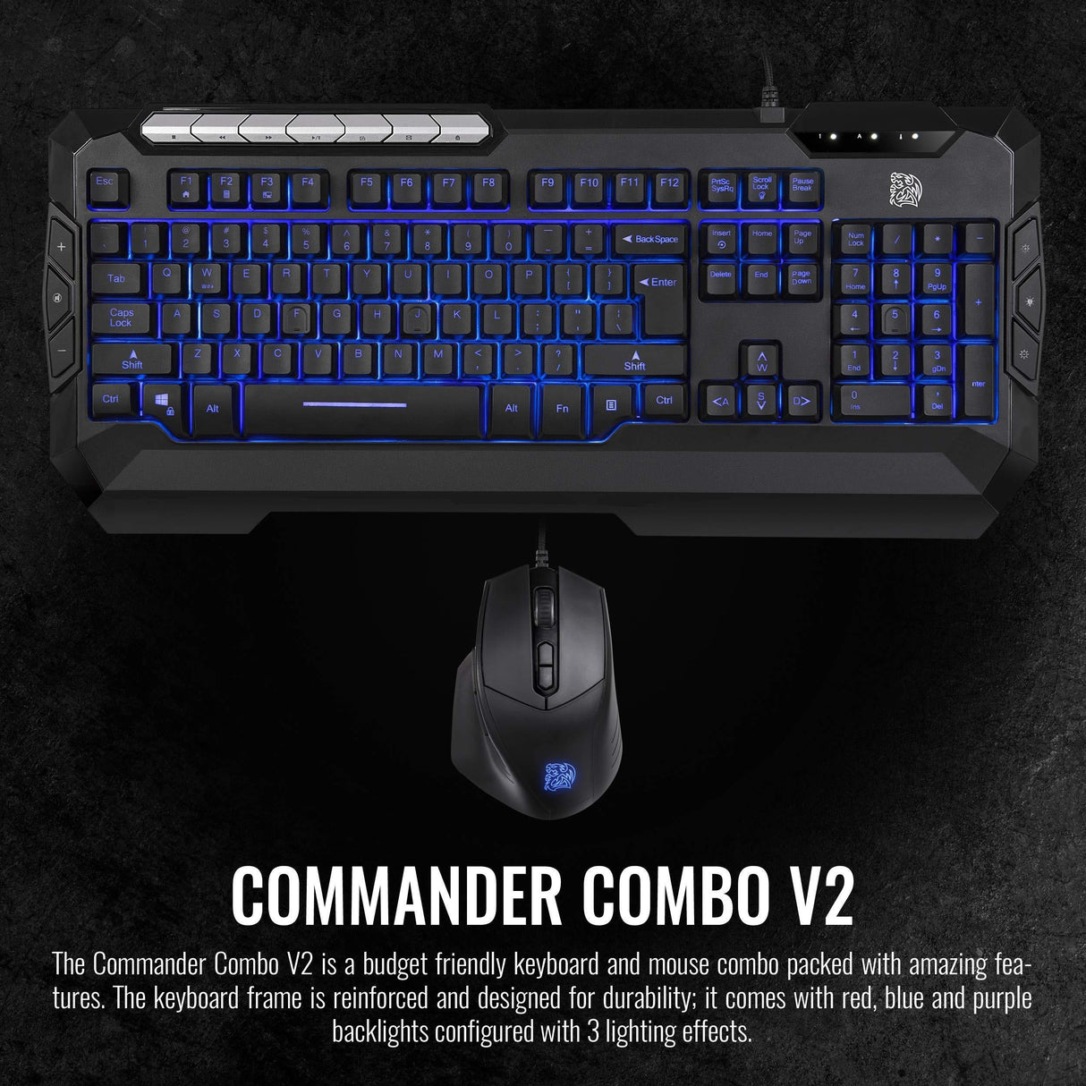 Thermaltake Tt eSPORTS Commander Combo V2, Gaming Keyboard and Gaming Mouse with 2500 DPI, 3 Color Back Lights and Lighting Effect, cm-CMC-WLXXMB-US