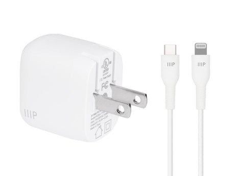 Monoprice iPhone Pro Charging Bundle - MFi Certified 20W 1-port PD GaN Technology Foldable Wall Charger and 1.2m (4ft) F