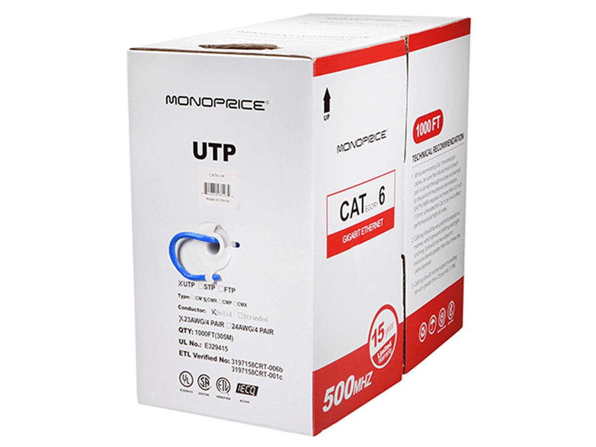 Monoprice Cat6 Ethernet Bulk Cable - Network Internet Cord - Solid, 500Mhz, UTP, CMR, Riser Rated,  Pure Bare Copper Wire, 23AWG, 1000ft, Blue