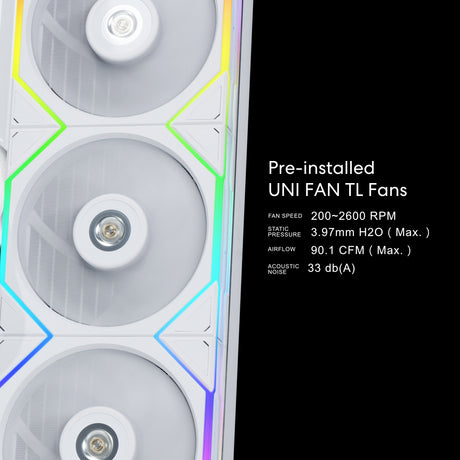 Lian Li Hydroshift 360 AIO - Pre-installed 3 x TL Fans - Side-Mounted Coolant Pathway - 2.88” LCD Screen - 480 × 480 Resolution - Captured Screenshots or Recorded Videos Shift AIO - White (HSLCD36TW)