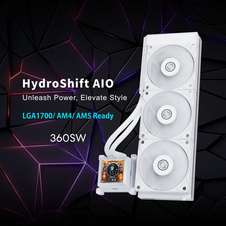 Lian Li Hydroshift 360 AIO- Pre-installed 3 x 28MM fans - Side-mounted coolant pathway - 2.88” LCD Screen - 480 × 480 Resolution - Captured screenshots or recorded videos Shift AIO -White (HSLCD36SW)