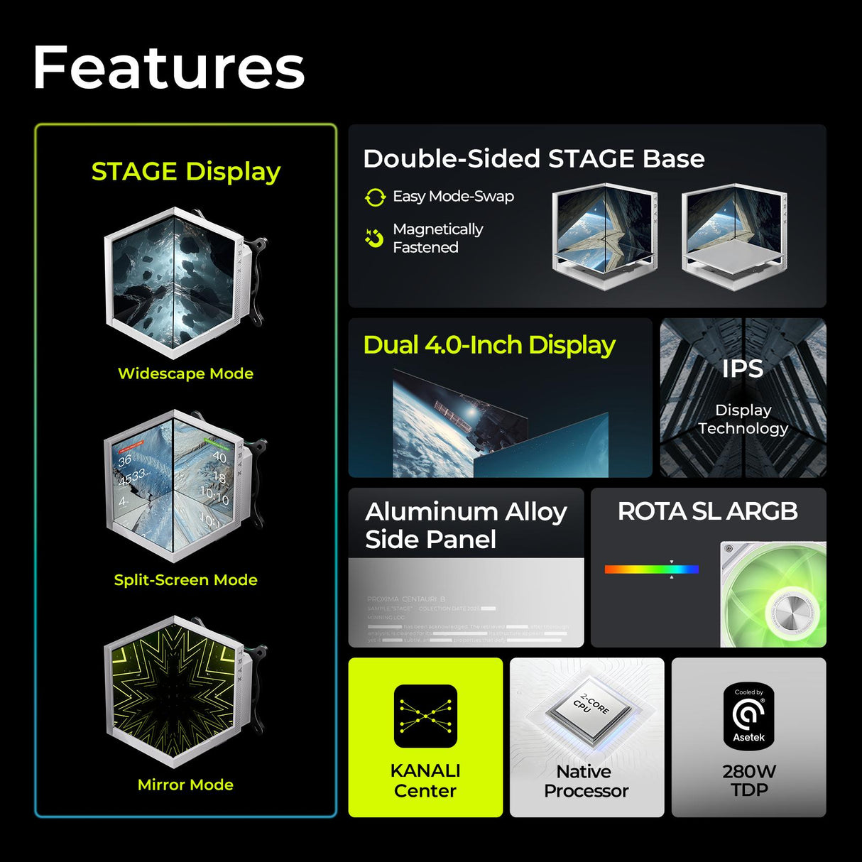 TRYX Stage 360 ARGB White 360mm AIO Dual 4.0'' Screen 720x720 Resolution AIO Cooler 360mm Three Display Modes Customizable Asetek 7th Gen V2 280w TDP ROTA SL ARGB Fans Intel LGA 1851/1700 AMD AM5/AM4